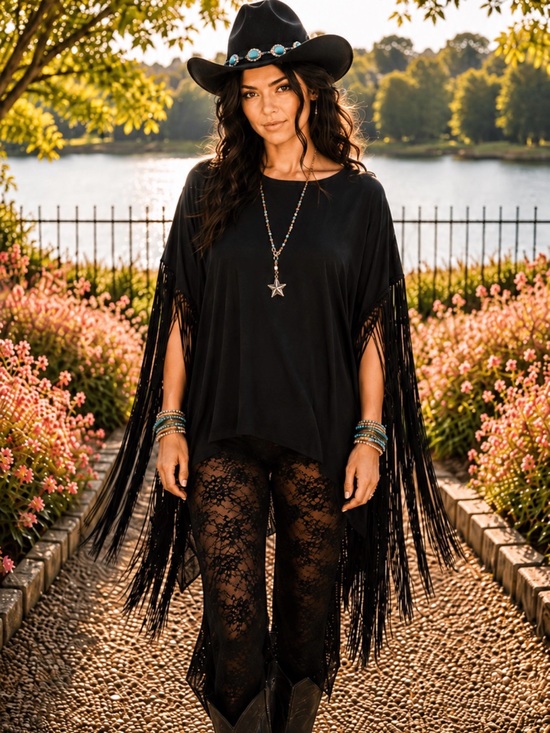 Three Bird Nest Tops - Showstopper Fringe Poncho Top | Boho Western Festival Oversized Tunic
